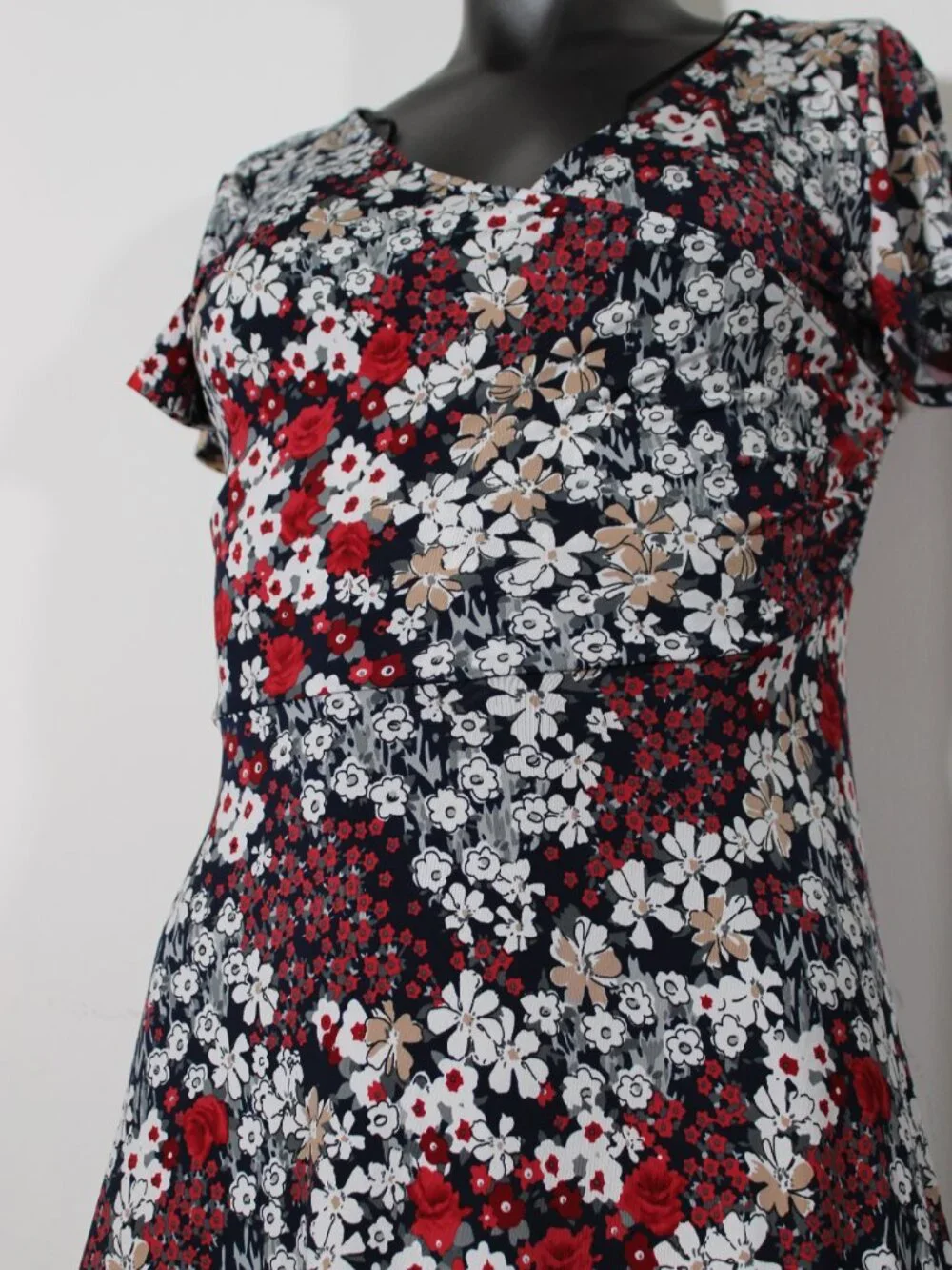 Kaileigh Amandine Floral Faux-Wrap Knit Dress Navy Red Medium